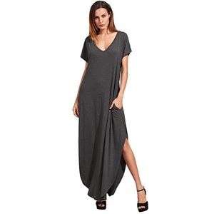 Dark Grey Short Sleeve V-neck Maxi Dress